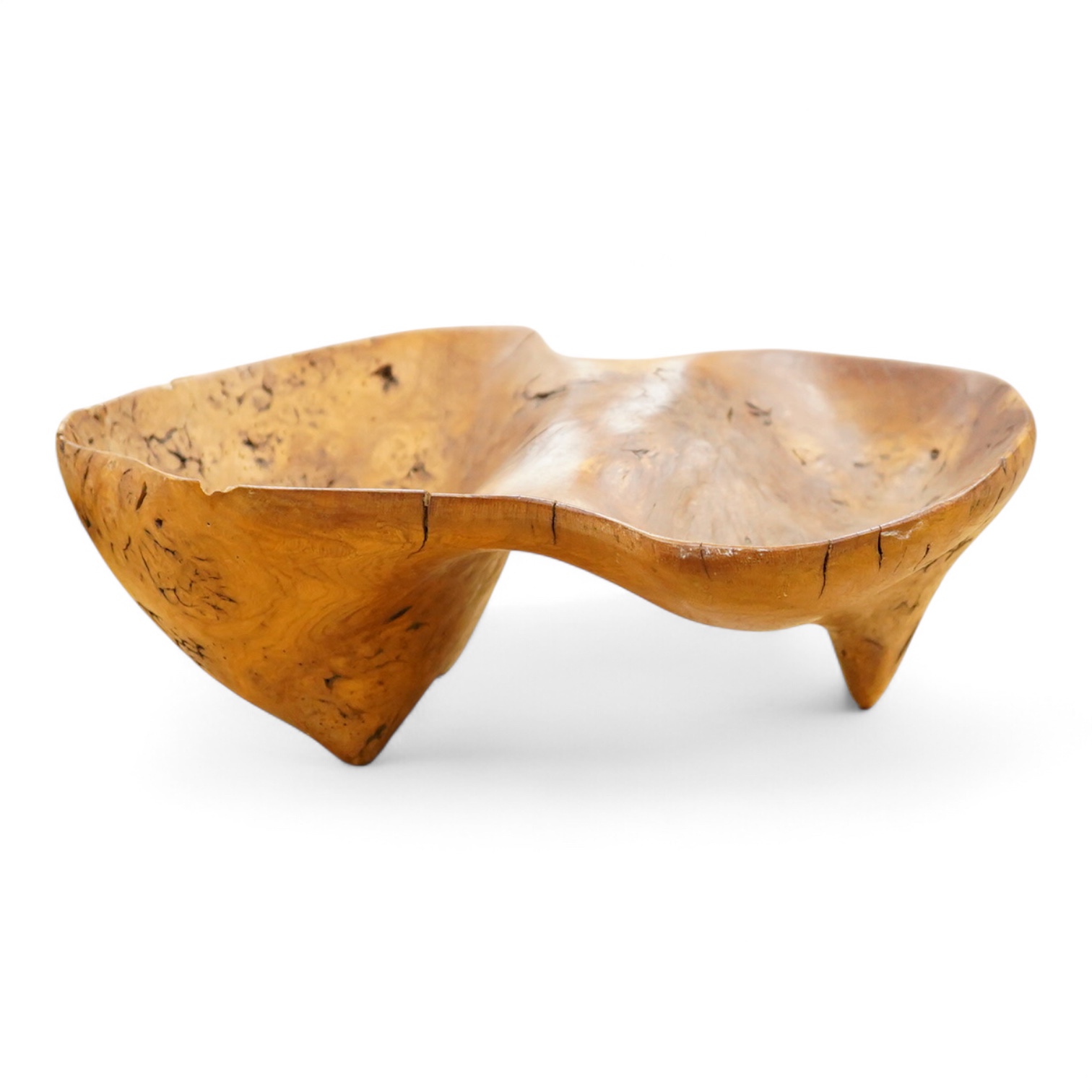 A large free form burr elm fruit bowl or centre dish, 45cm wide